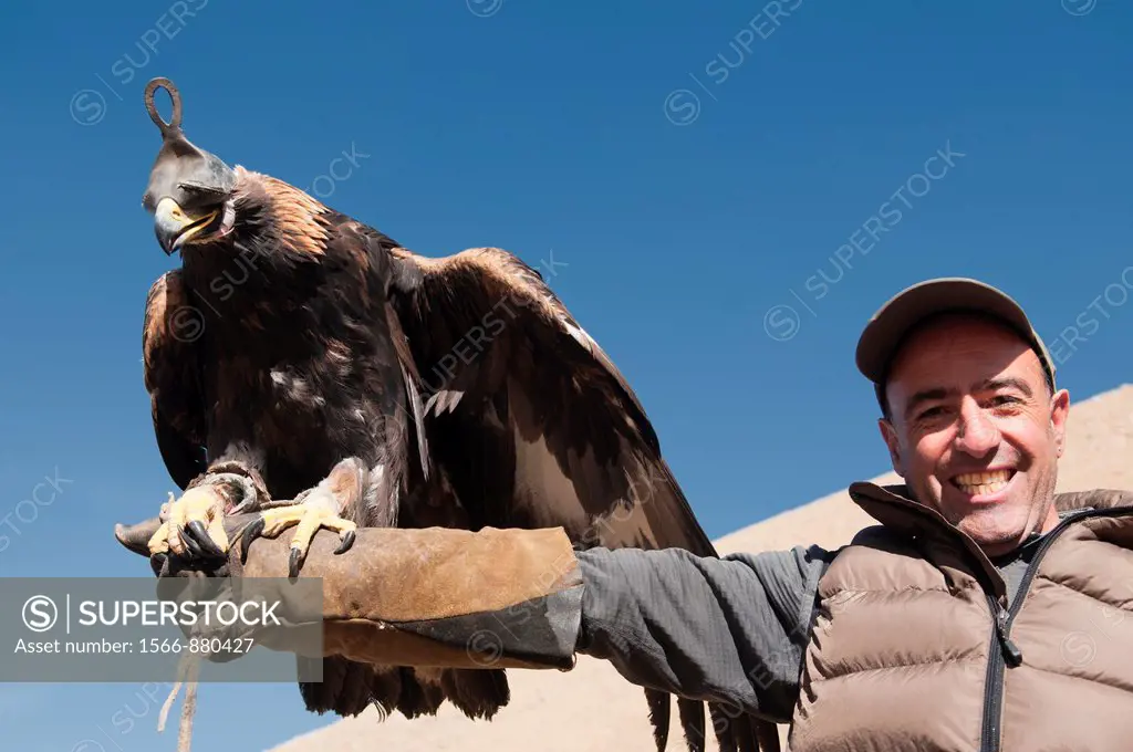 tourist holding a golden eagle in Bayan-Ölgii in Western Mongolia