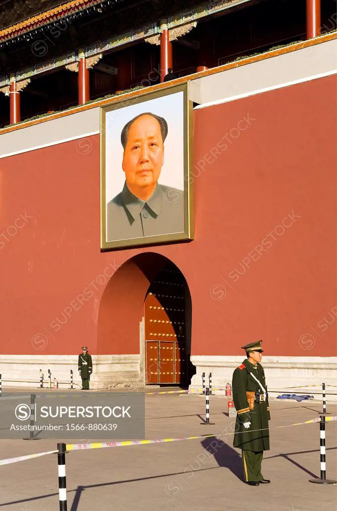 Guards in Gate of Heavenly Peace with Portrait of Mao Ze Dong ,in Tiananmen Square,Beijing, China