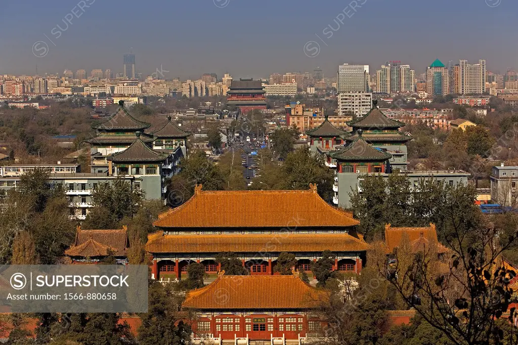 Tower of the drum, Dianmenwai Dajie and north of Beijing, as seen from Jingshan Park,Beijing, China