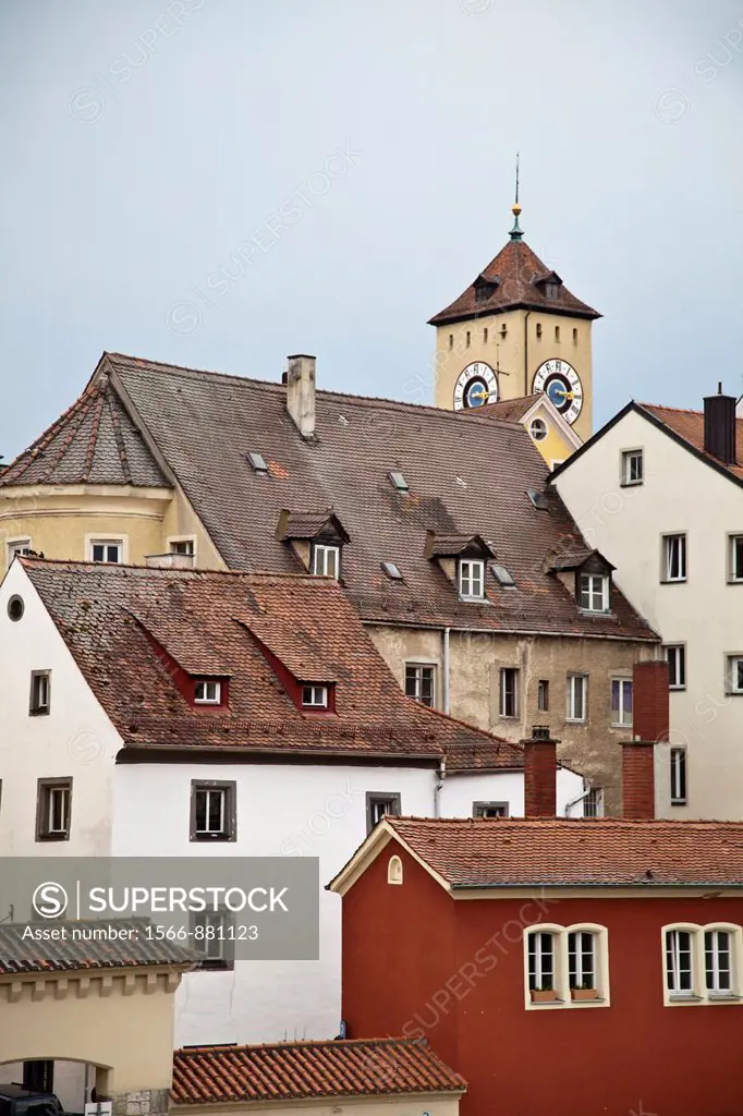 The Rathaus tower and the medieval downtown of Regensburg, Germany