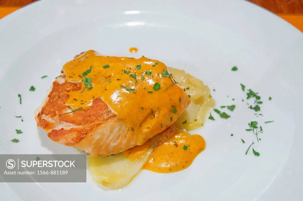 Salmon loin with pepper sauce. Spain.