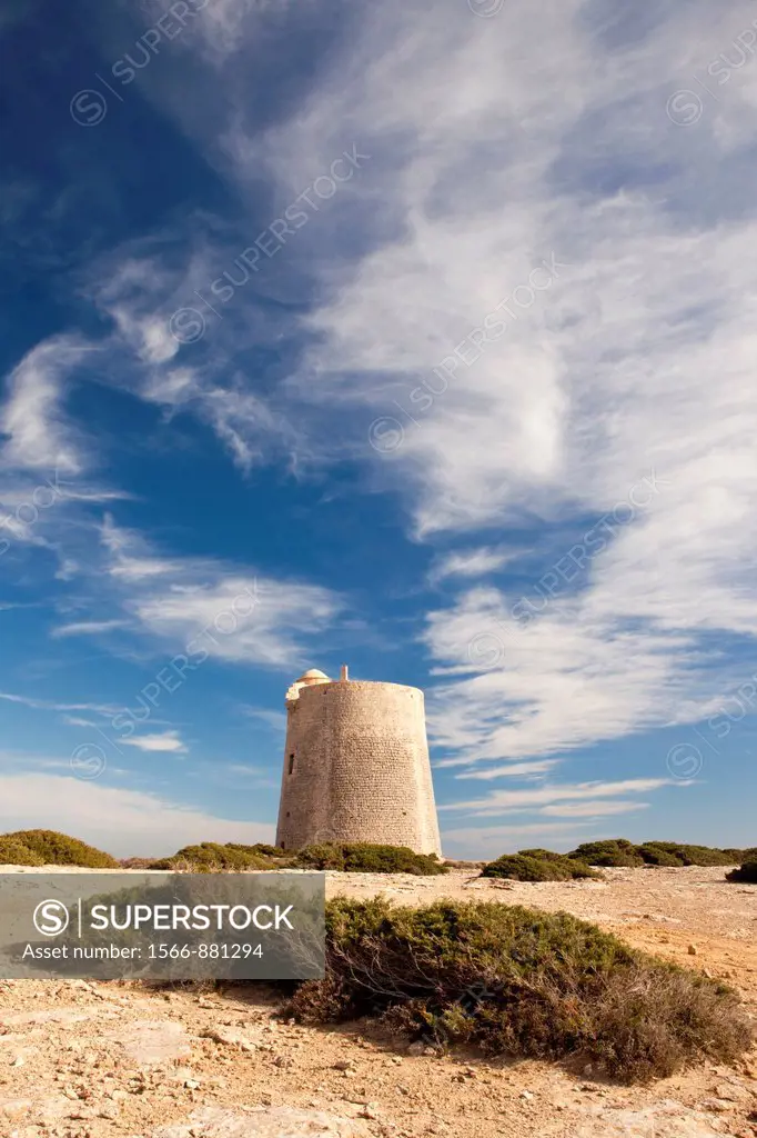 Watchtower of Ses Portes in Natural park of Ses Salines in Sant Francesc de S´Estany, Ibiza, Illes Balears, Spain