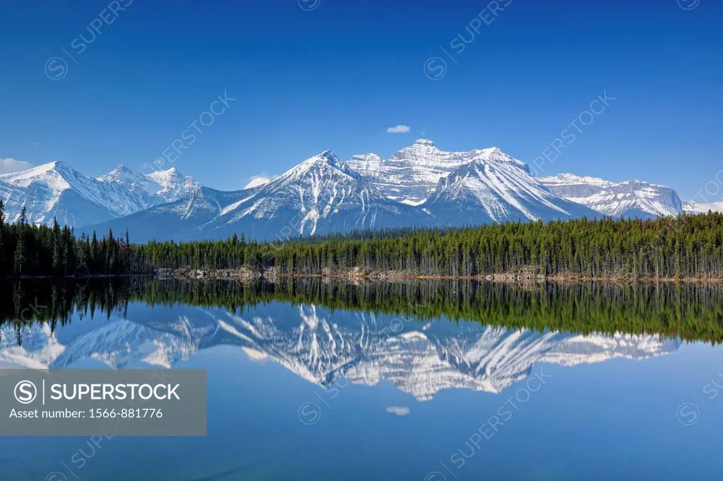 The Bow Range reflected in Herbert Lake, Banff NP, Alberta, Canada