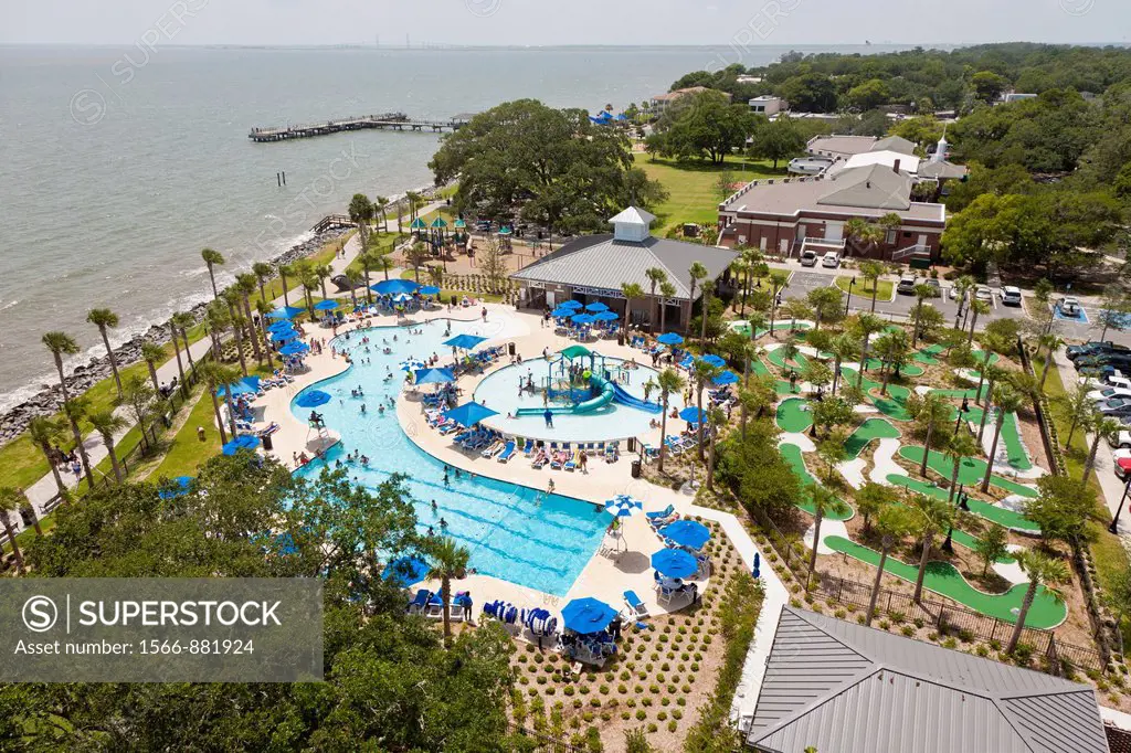 Aerial view of swimming pools and mini golf courses at Neptune Park in St  Simons Island, Georgia