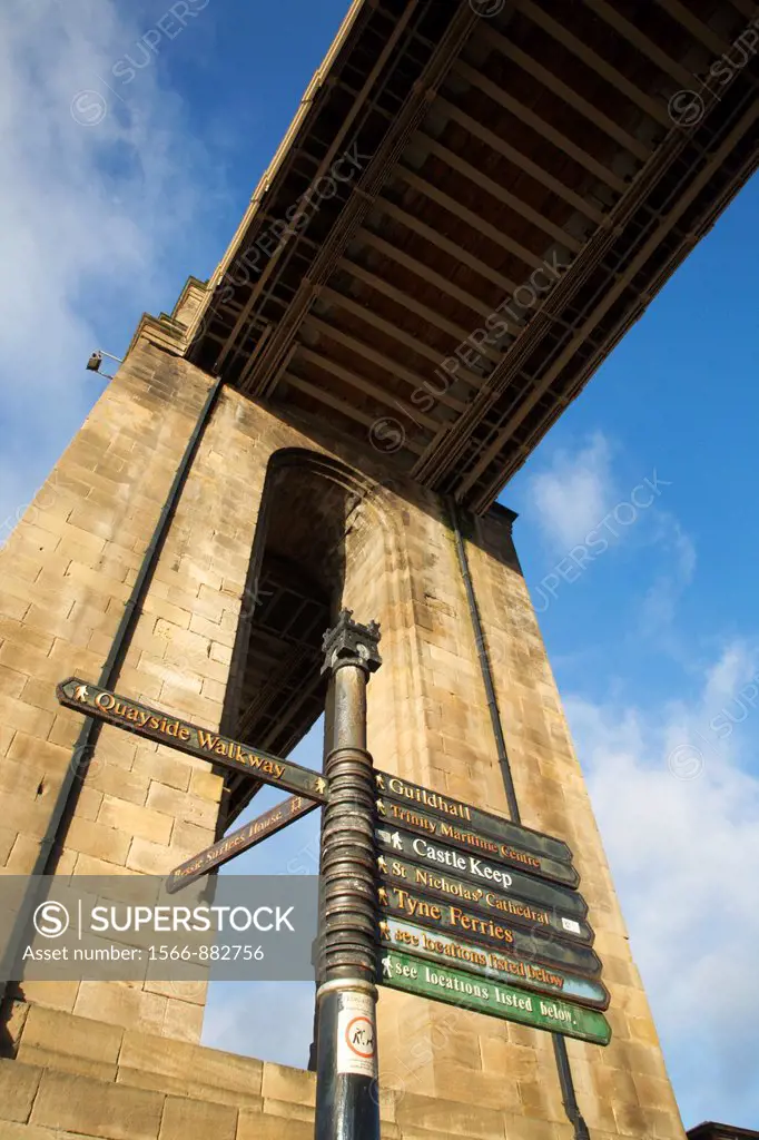 Tourist Signpost under the High Level Bridge Newcastle upon Tyne England