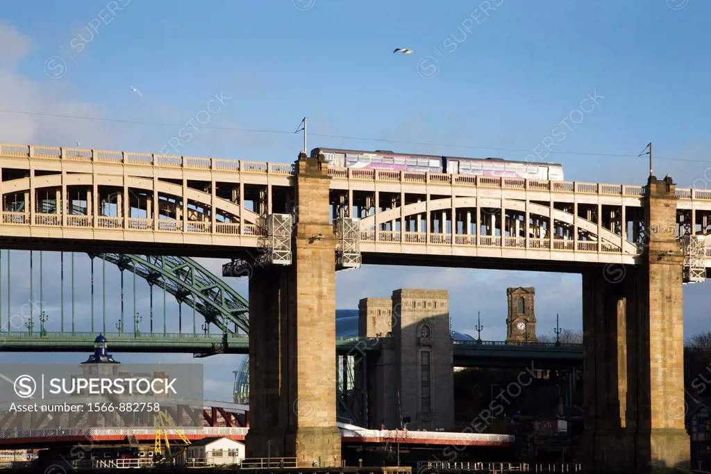 Train crossing the High Level Bridge Newcastle upon Tyne England