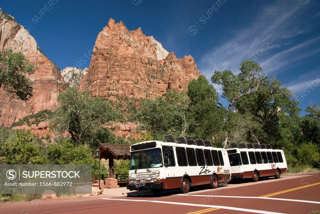 Zion shuttle bus near Zion Lodge, Zion National Park, Utah, USA