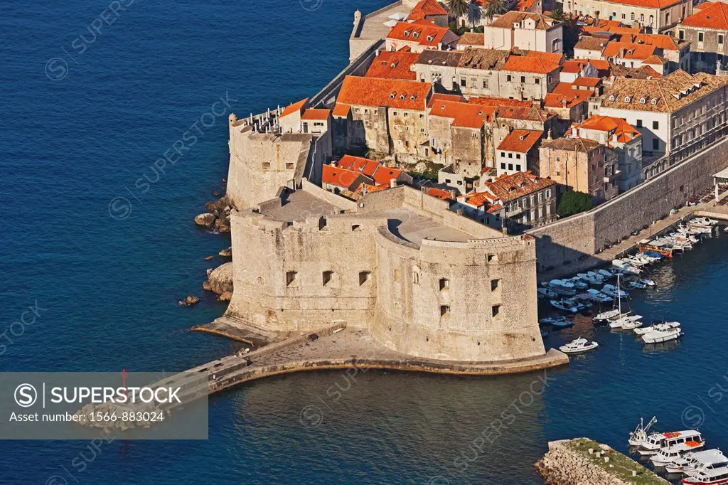 View of the Old Town of Dubrovnik, the city port and St John Fortress Dubrovnik, Dalmatia, Croatia, Europe