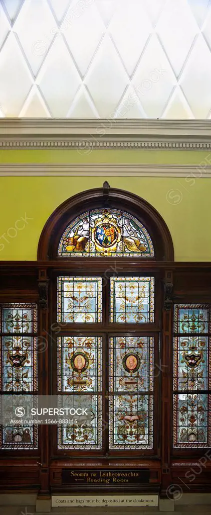 Ireland, Dublin, Kildare Street, detail of the stained glass window in the the grand staircase of The National Library of Ireland