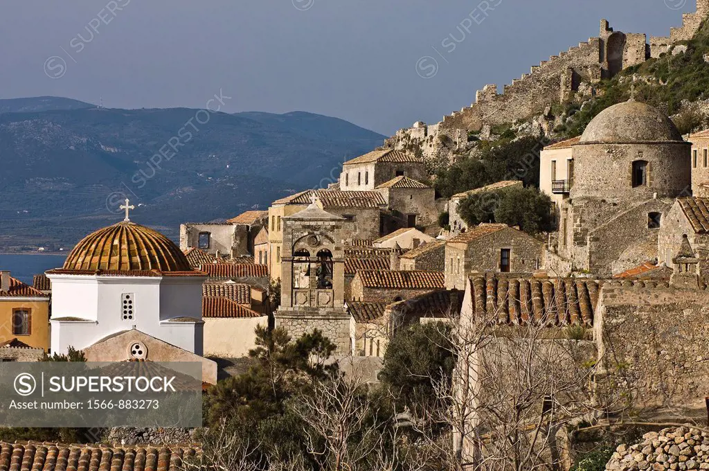 Looking across the old, walled Byzantine town of Monemvasia, in Lakonia, Southern Peloponnese, Greece