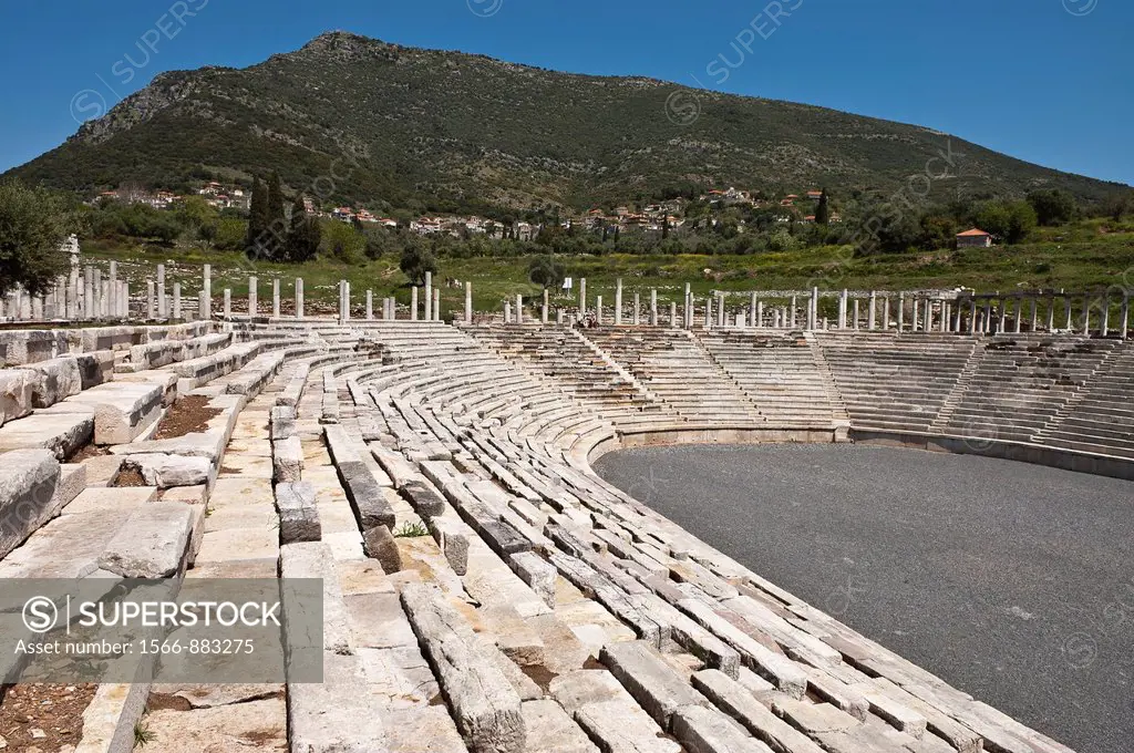 The stadium at Ancient Messene Ithomi with the modern village of Mavromati in the background, Messinia, Southern Peloponnese, Greece