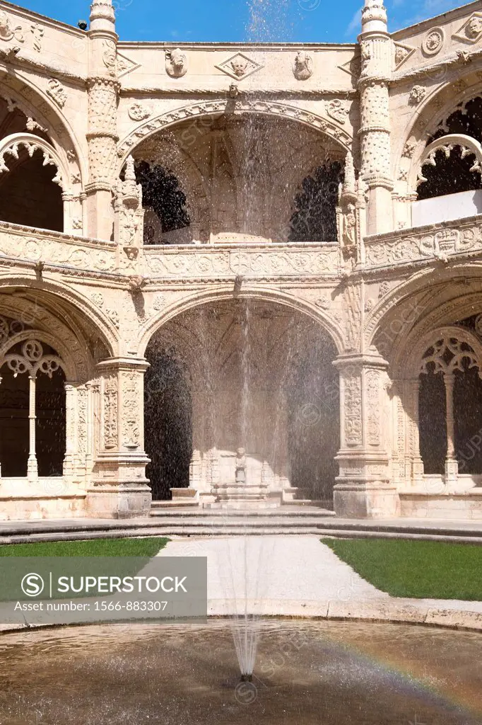 Courtyard of the two-storied cloister of the Mosteiro dos Jéronimos Monastery of the Hieronymites, Belem district, Lisbon, Portugal, Unesco World Heri...