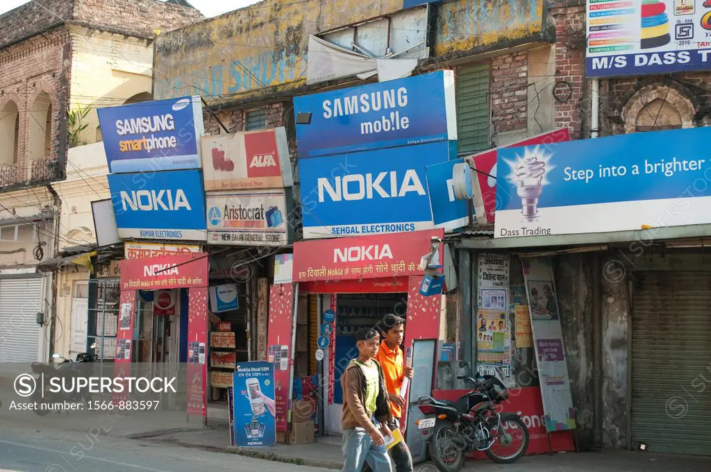 Nokia and Samsung shops on the Main street, Rishikesh, Uttarakhand, India
