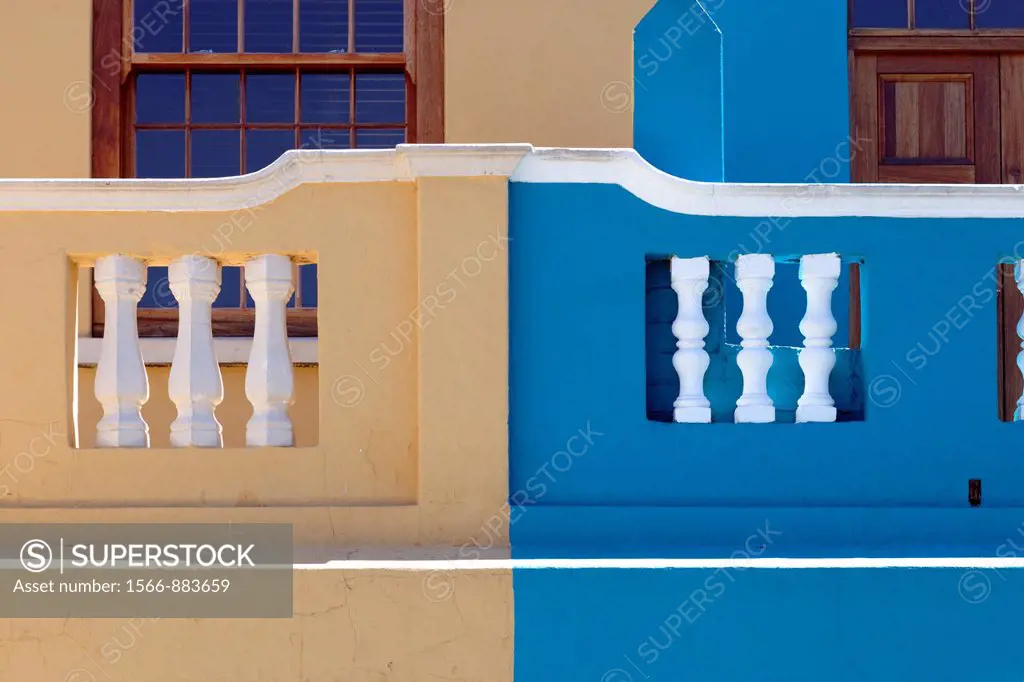 Brown and turquoise wall with white balustrade, Bo-Kaap Malay Muslim District, Cape Town, South Africa