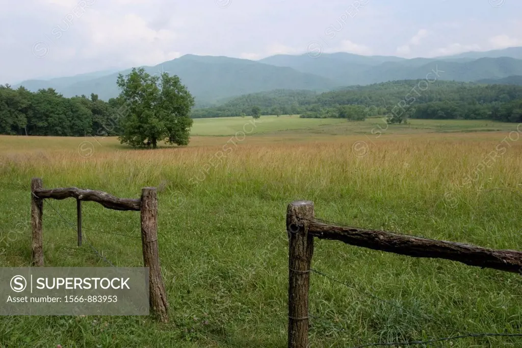 Fence and fields in Cades Cove in the Great Smoky Mountains National Park, Tennessee