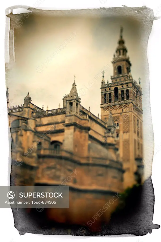 The Giralda Tower and the Cathedral south-east view, Seville, Spain  Taken with tilted lens to get shallower depth of field and digitally edited to lo...