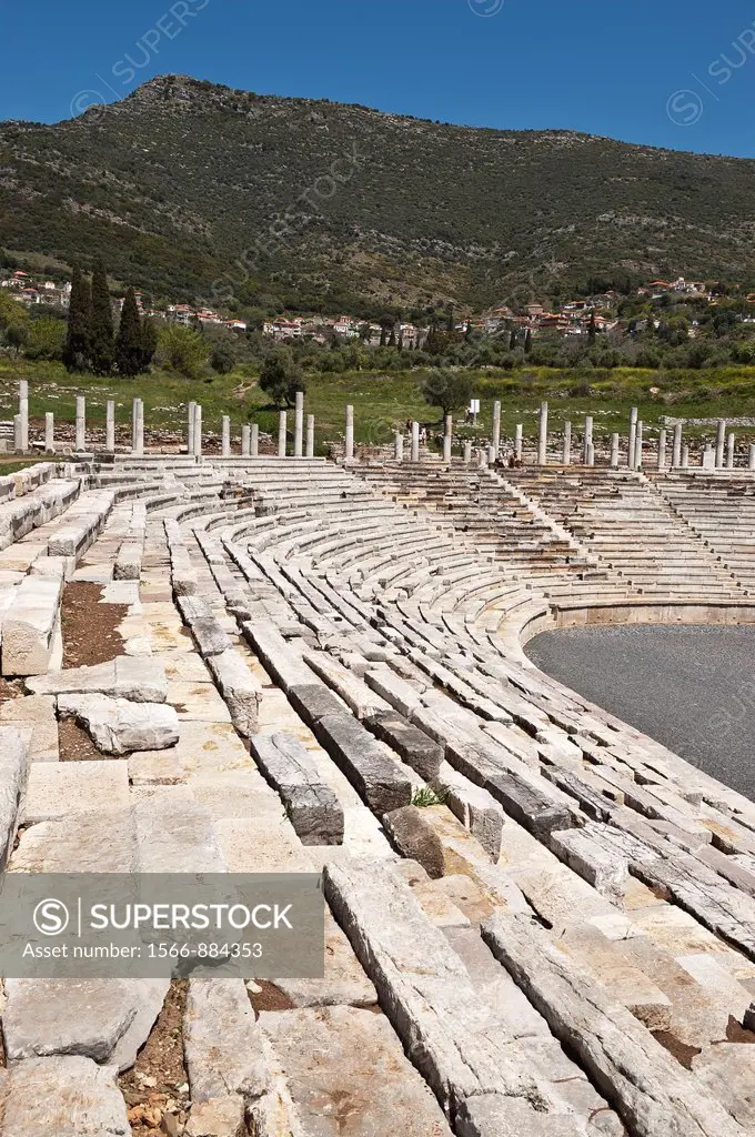 The stadium at Ancient Messene Ithomi with the modern village of Mavromati in the background, Messinia, Southern Peloponnese, Greece