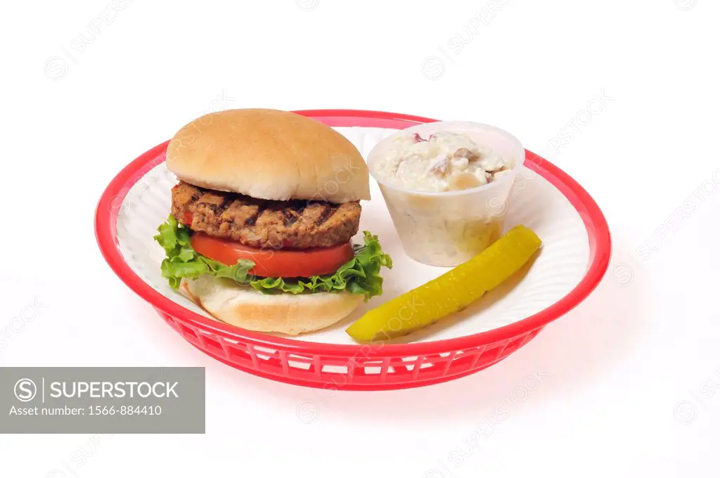 Grilled veggie burger with lettuce and tomato in bread roll potato salad and a pickle on white paper plate in red retro plastic basket on white backgr...