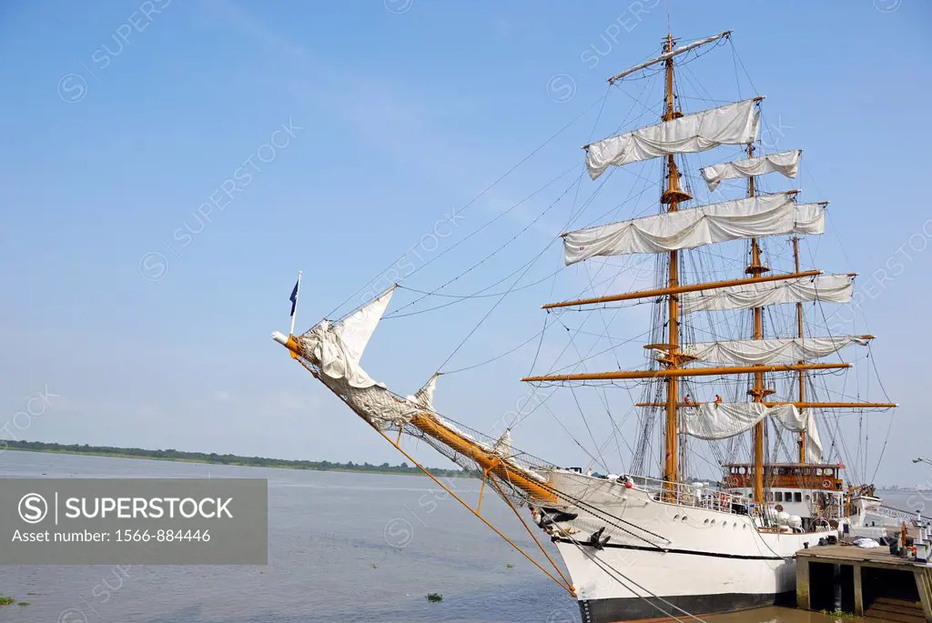 Three-masted sailboat on Guayas river, used as a training ship for Ecuadorian Navy cadets, Guayaquil, Ecuador