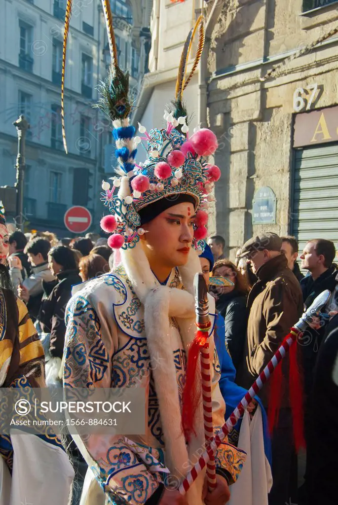 Paris, France, Chinese Women in Traditional Dress, Parading in Chinese new year Carnival in Street in the Marais Area