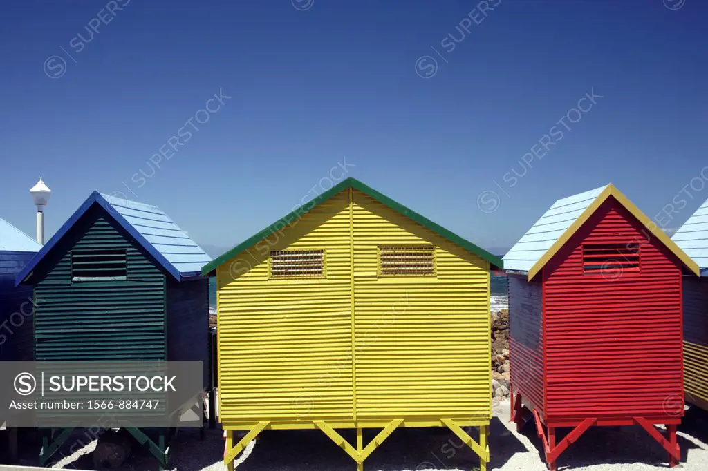 Colorful beach huts at the sandy beach of St  James with blue sky, False Bay near Cape Town, South Africa