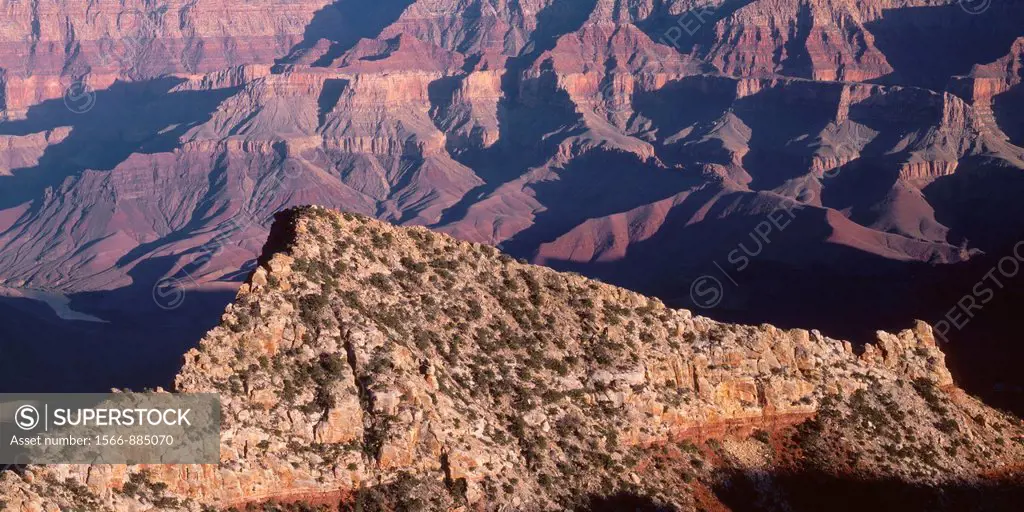 Evening light on Freya Castle and surrounding formations, view southeast from Cape Royal, North Rim, Grand Canyon National Park, Arizona, USA