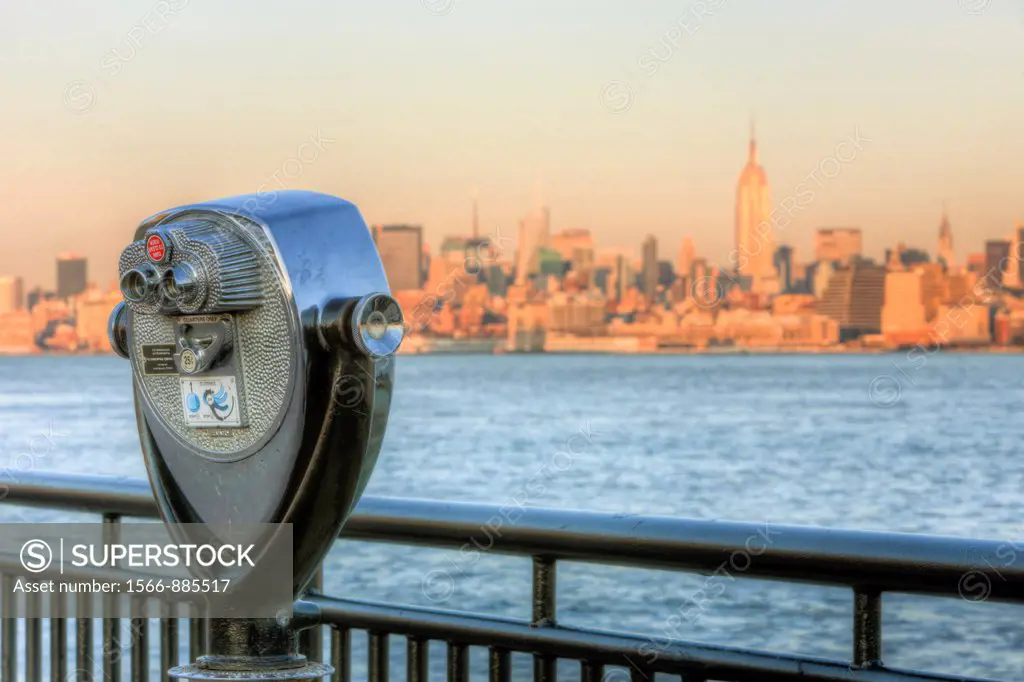The view of Manhattan in New York City across the Hudson River from Liberty State Park in Jersey City, New Jersey, USA