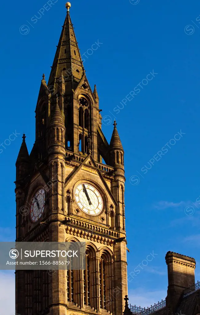 England, Greater Manchester, Manchester  The grand clock tower of the Victorian-era, Neo-gothic Manchester Town Hall