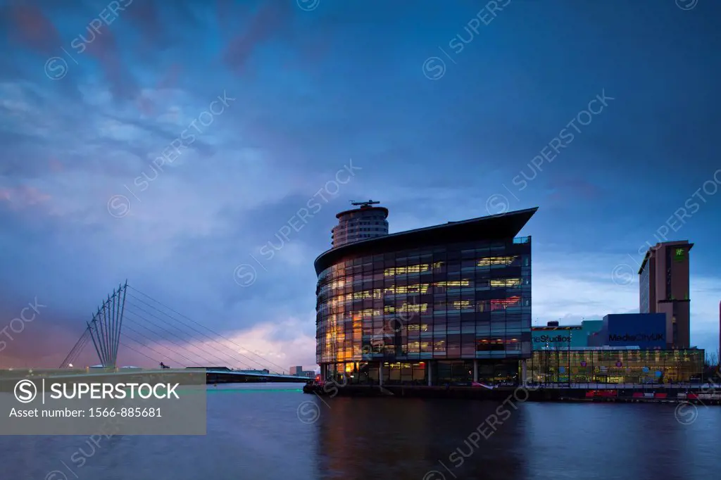 England, Greater Manchester, Salford Quays  Swing Bridge and Media City UK buildings located on the Salford Quays in the city of Salford near Manchest...