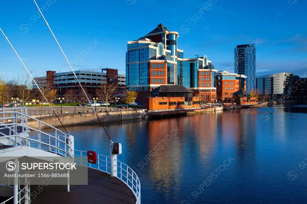 England, Greater Manchester, Salford Quays  Victoria Harbour building viewed from Detroit footbridge on the Manchester Ship Canal located in Salford