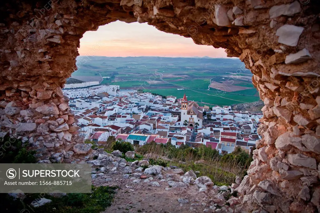 View of Teba and his church, from the ruins castle  Teba, Malaga, Andalusia, Spain