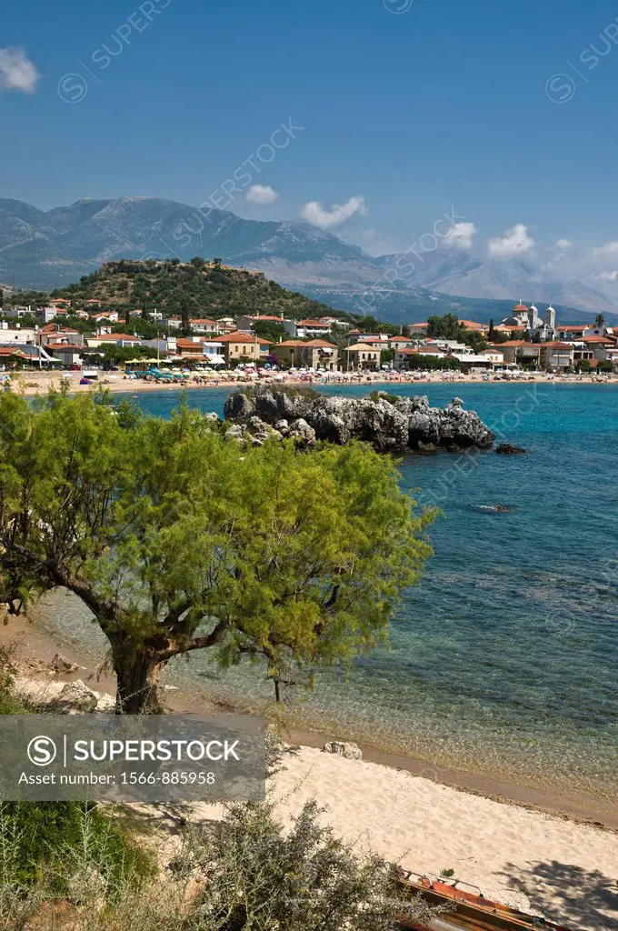 Stoupa seafront and beach with the Taygetos mountains in the background, Messinia, Outer Mani, Southern Peloponnese, Greece