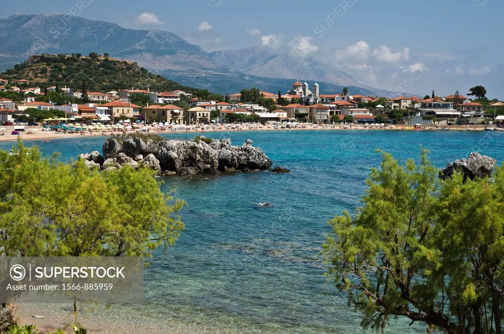 Stoupa seafront and beach with the Taygetos mountains in the background, Messinia, Outer Mani, Southern Peloponnese, Greece