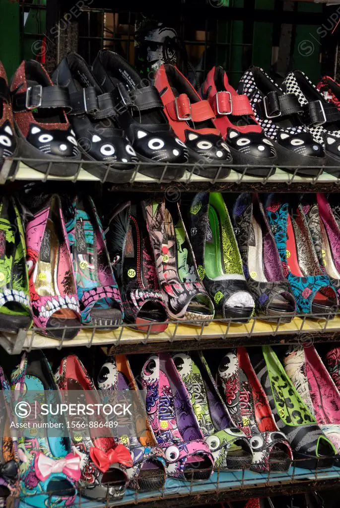 Brightly coloured ladies shoes on a market stall