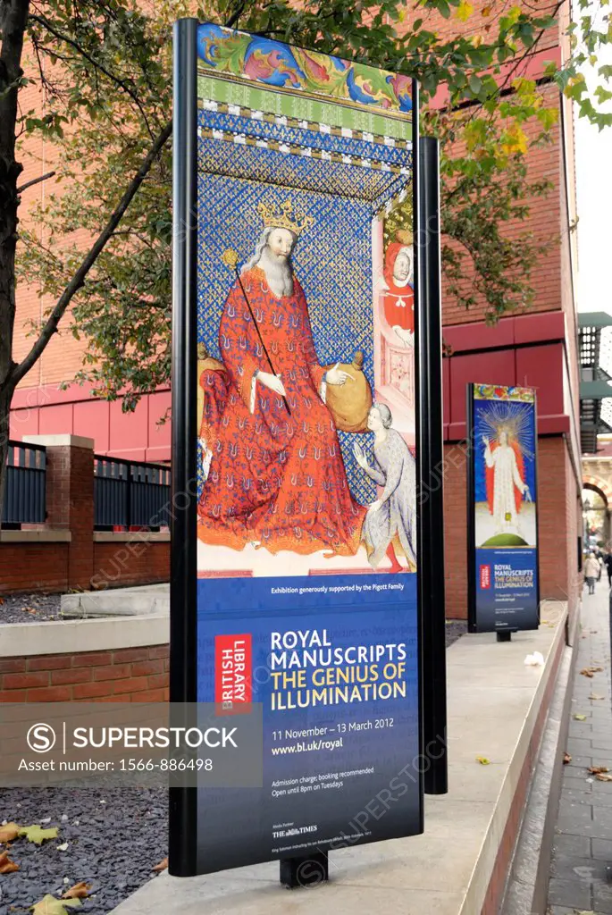 Advertisements for the exhibition ´Royal Manuscript The Genius of Illumination´ outside the British Library, London