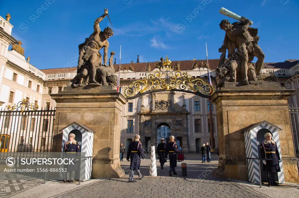 Castle Guards at the gates of Hrad the castle Hradcany the castle district Prague Czech Republic Europe