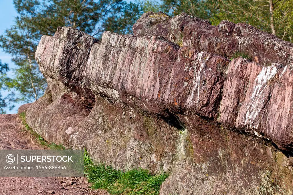 Headquarters of merlin on ridges of the valley of no return. broceliande, Morbihan, Brittany, france.Appelee Roche also denticulated, it is located on...