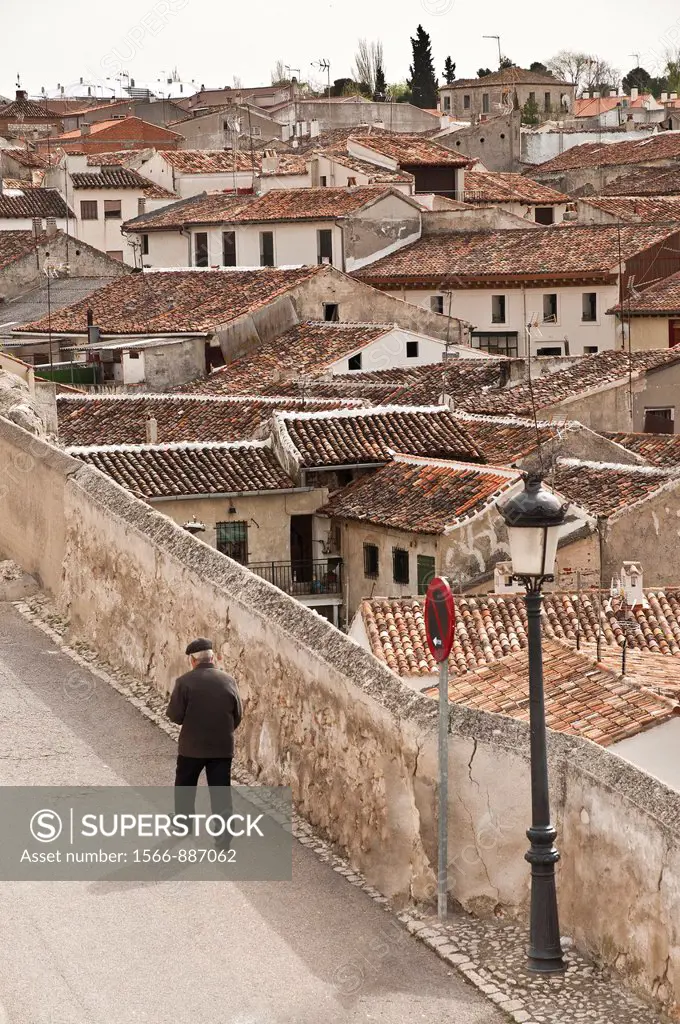 Looking down on the tiled rooftops of the little town Chinchon, New Castille, Spain