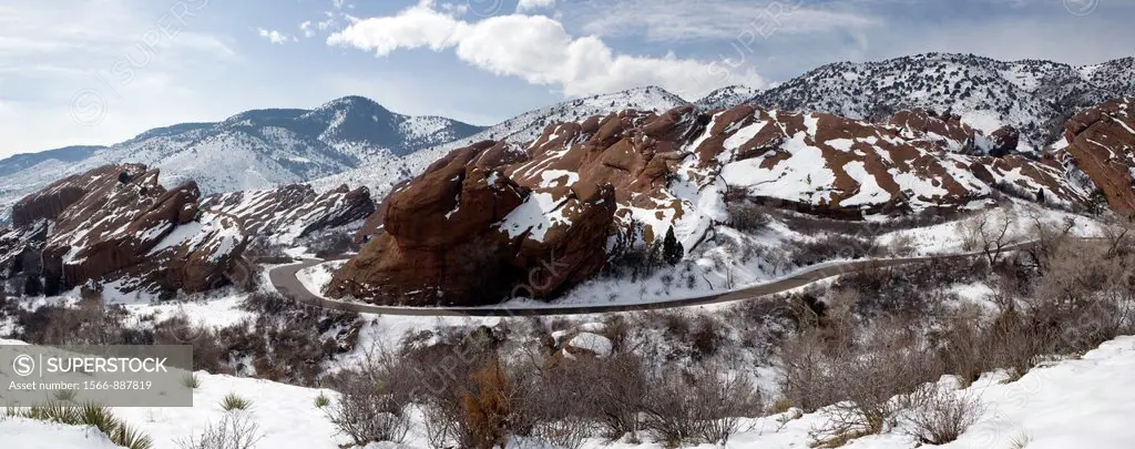 Red Rocks Park Mountain Landscape in Winter Composite Panoramic Image - near Morrison, Colorado USA
