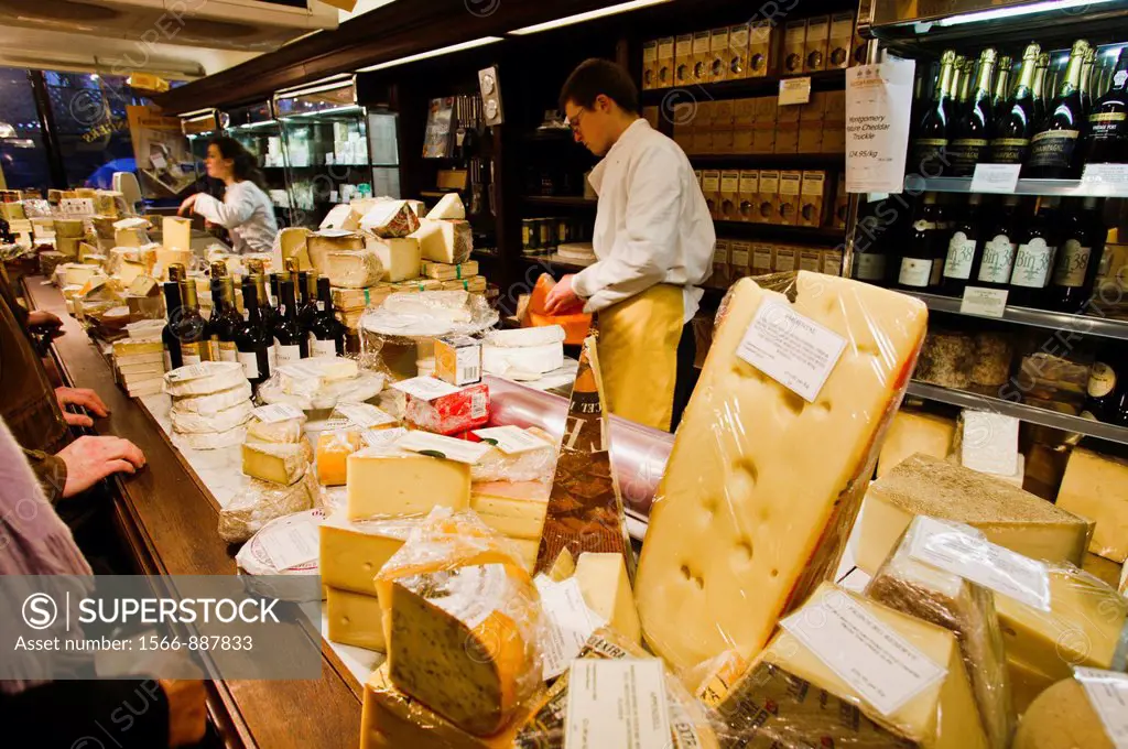 Cheese shop. Paxton and Whitfield, year 1797. 93, Jermyn Street Piccadilly London England United Kingdom UK Europe.