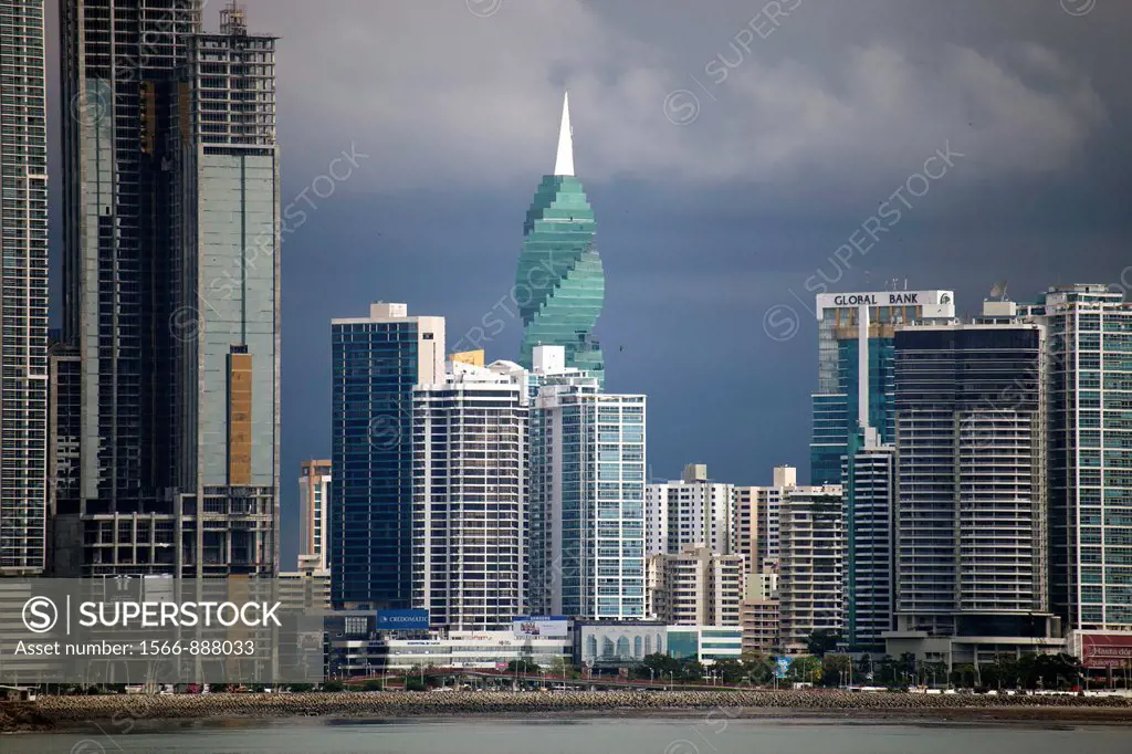 Dark storm clouds over the skyline of Panama City, Panama, Central America