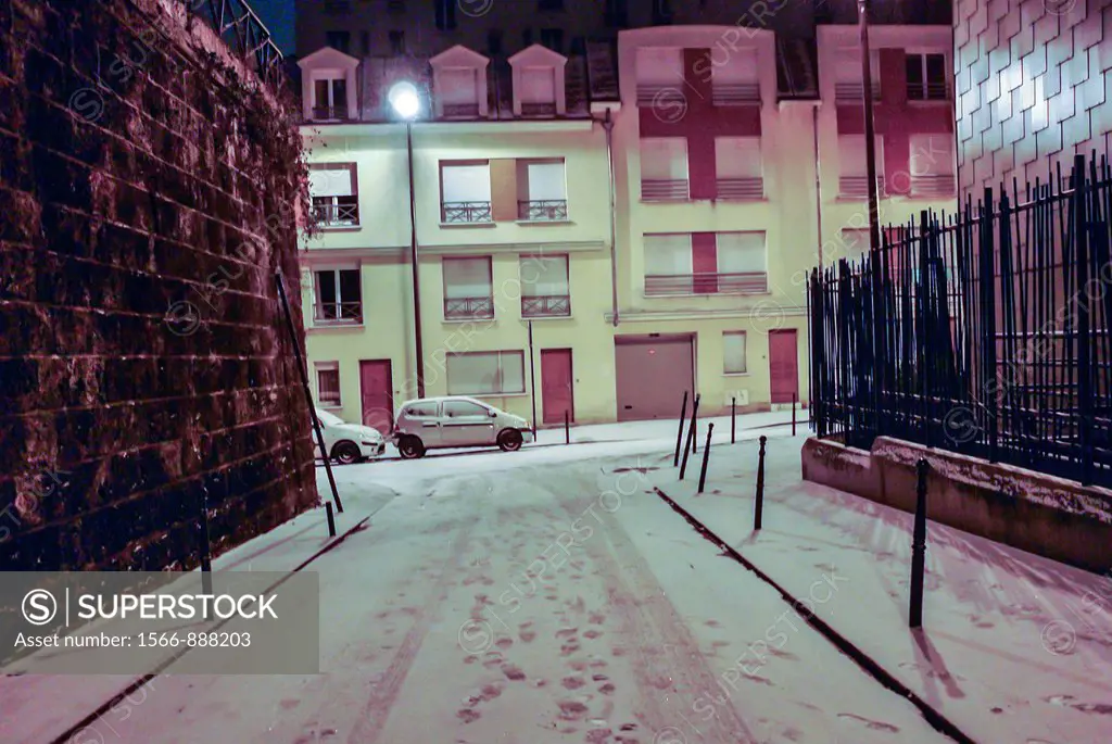 Paris, France, Snow Street Scenes, at Night, 12th District