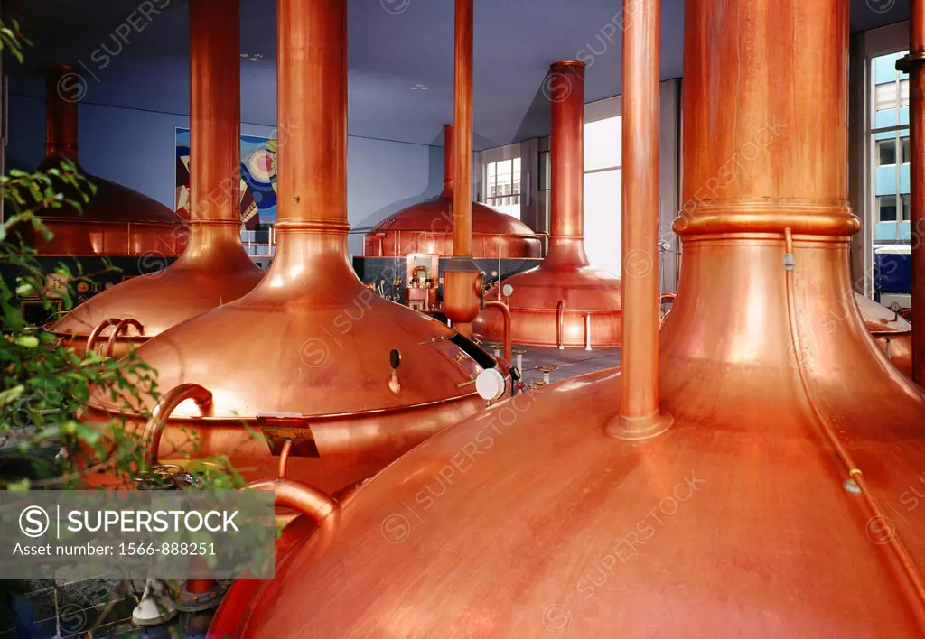 Brewing room with mash tun copper tanks, Kronenbourg brewery, Strasbourg, Alsace, France