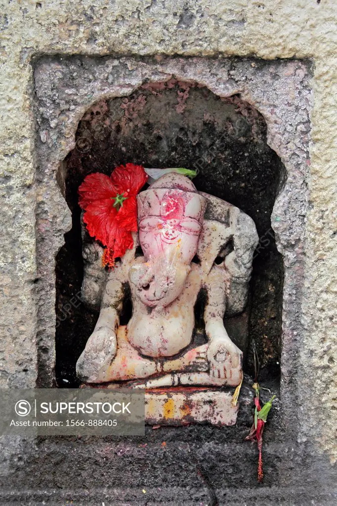 Elephant Headed Indian Lord Ganesha at Shri Koteshwar Temple Situated between Village Limb and Gove in Middle of River Krishna, Satara, Maharashtra, I...