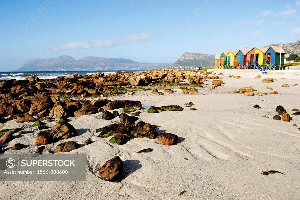 Multicoloured beach huts on Muizenberg beach and Table Mountain in the background, South Western Cape, South Africa