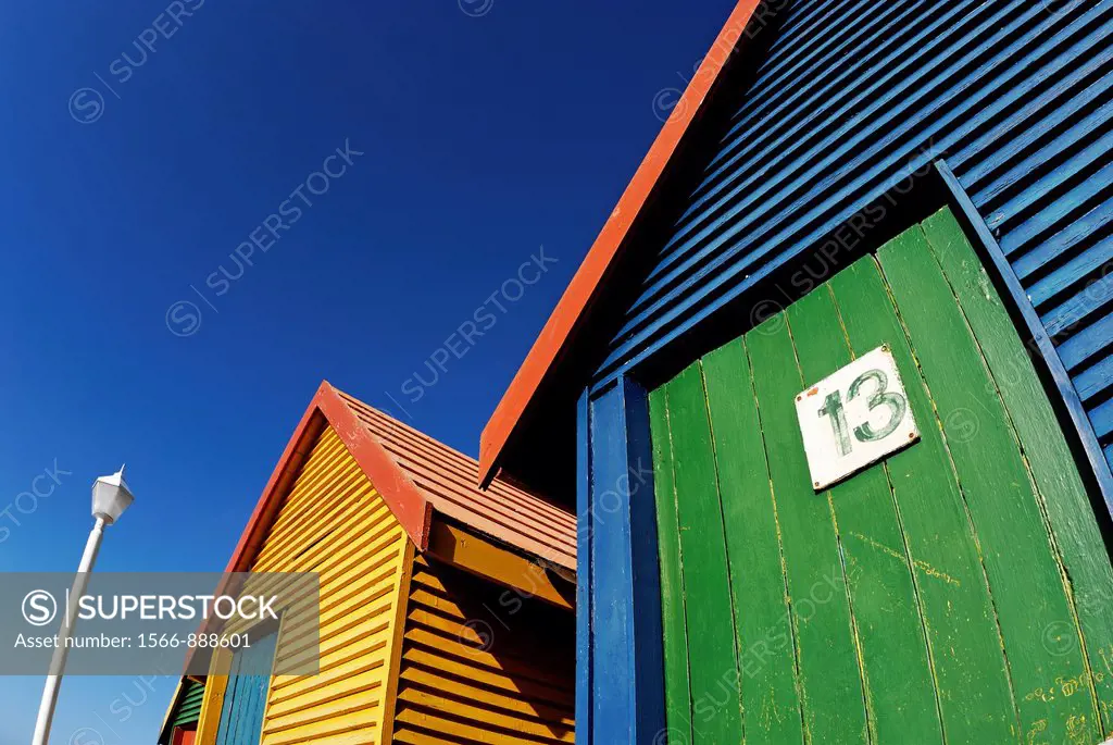 Multicoloured beach huts on Muizenberg beach, South Western Cape, South Africa