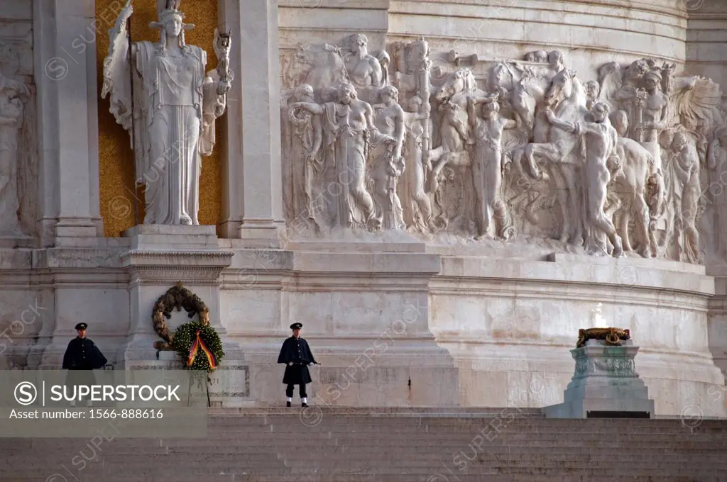 Piazza Venezia, Rome, Italy, National memorial of King Viktor Emanuel II, Vittoriano, guards at the Monument to the unknown soldier, Altar of the Fath...
