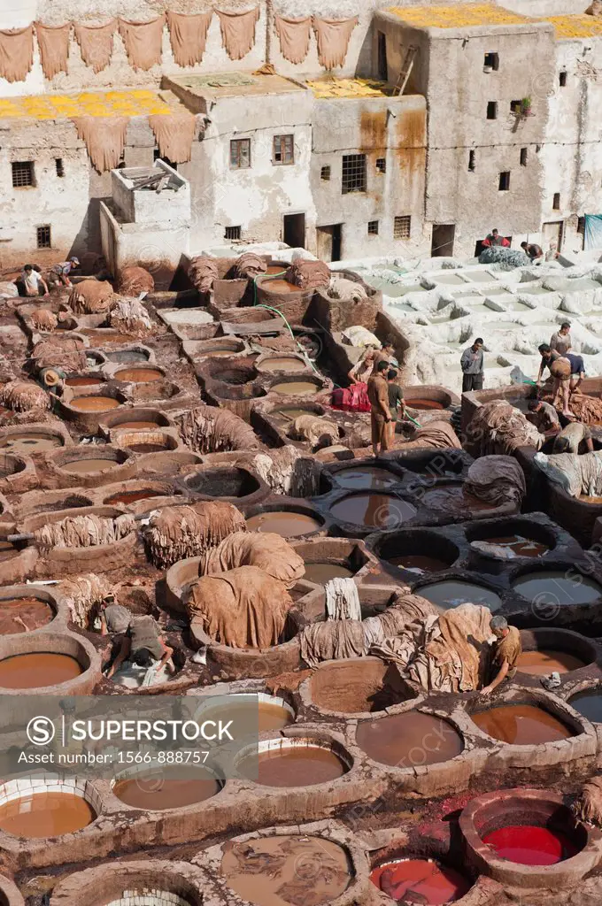 People at work in the Chouwara Leather Tannery of Fez, Morocco