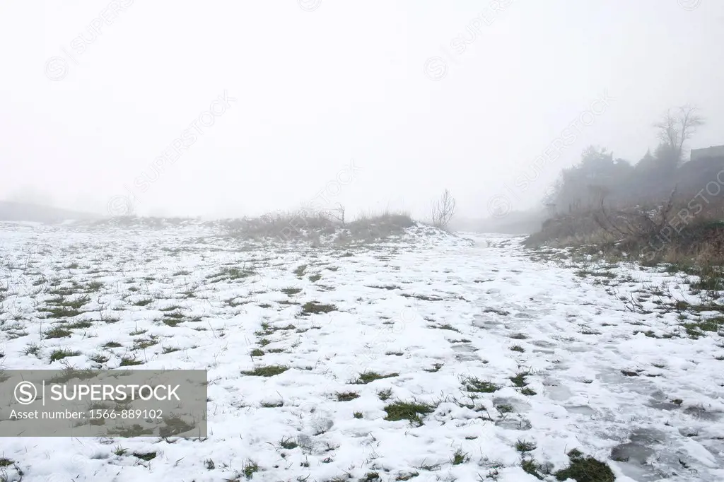 mist and snow covered field  Worksop, Notts, England, UK
