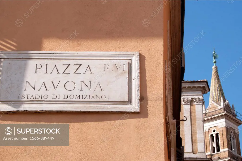 Marble street sign, Piazza Navona, Rome, Latium, Italy, Europe